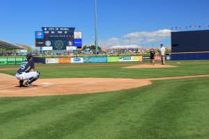 Photo: Throwing out the first pitch is 10-year-old Billy McGreal of Peoria. His non-profit Billy’s Place is a beneficiary of the Peoria Spring Training’s Charity Game between the Mariners and Padres March 4, from which nearly all money went to charity.