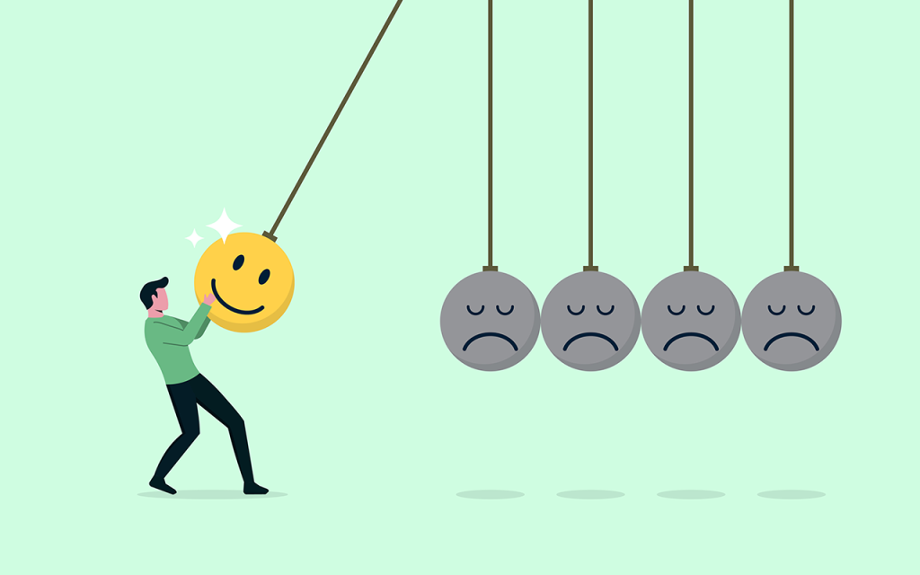 Illustration of a smiling figure pulling back a pendulum of frowning faces