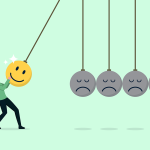 Illustration of a smiling figure pulling back a pendulum of frowning faces