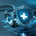 Shield with a medical cross over a stethoscope symbolizing healthcare cybersecurity