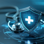 Shield with a medical cross over a stethoscope symbolizing healthcare cybersecurity