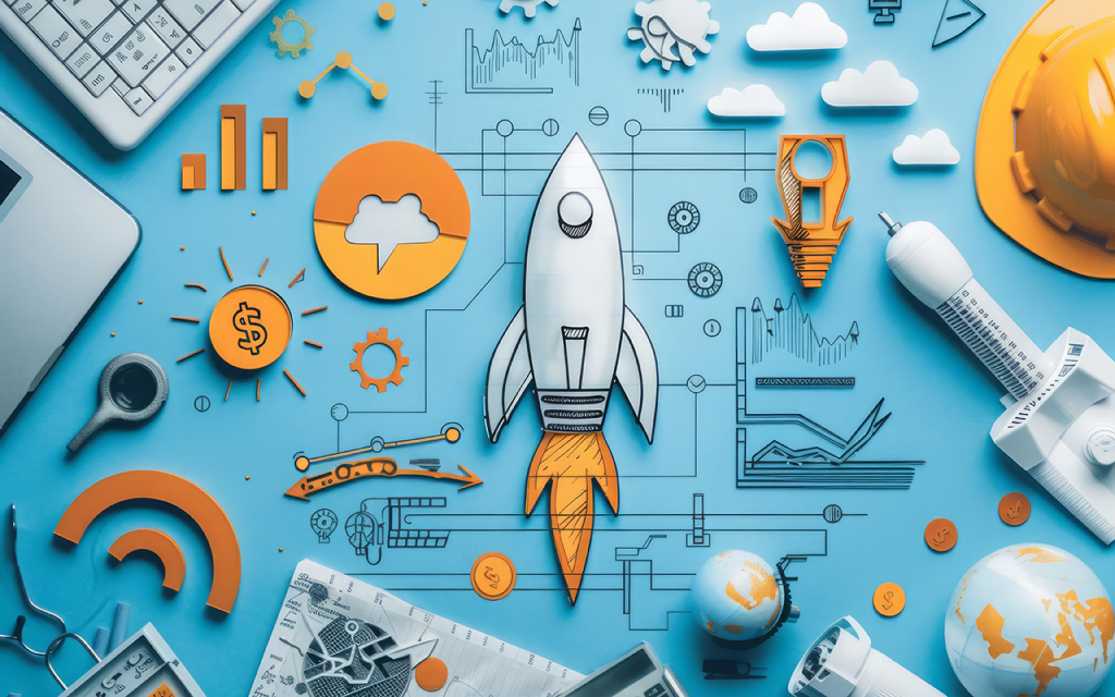 Illustration of a rocket and business icons representing a startup