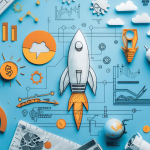 Illustration of a rocket and business icons representing a startup