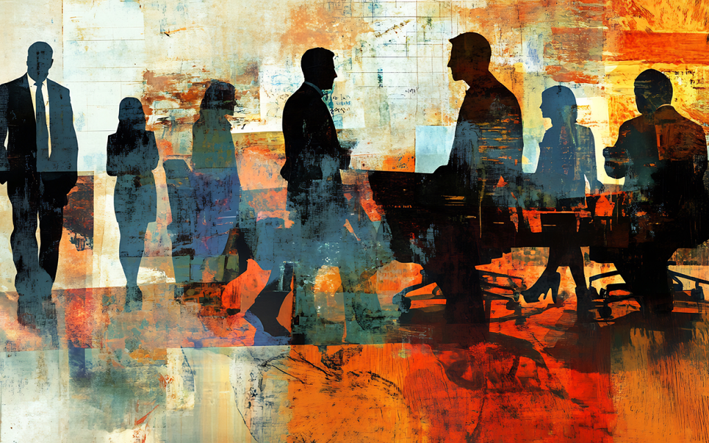 Silhouettes of business people in a meeting rendered in abstract orange and blue