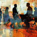 Silhouettes of business people in a meeting rendered in abstract orange and blue