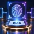 Glowing fingerprint scanner icon with user and lock icons