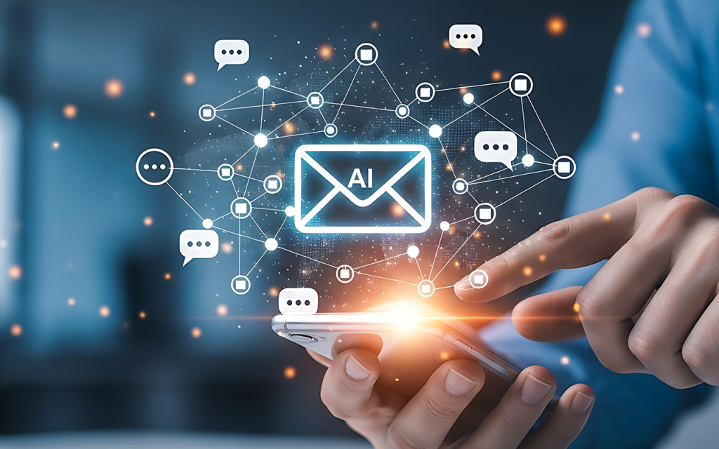 Hand touching a glowing email icon surrounded by chat bubbles