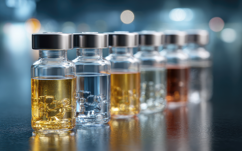 Row of glass vials containing clear and amber liquids