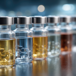 Row of glass vials containing clear and amber liquids