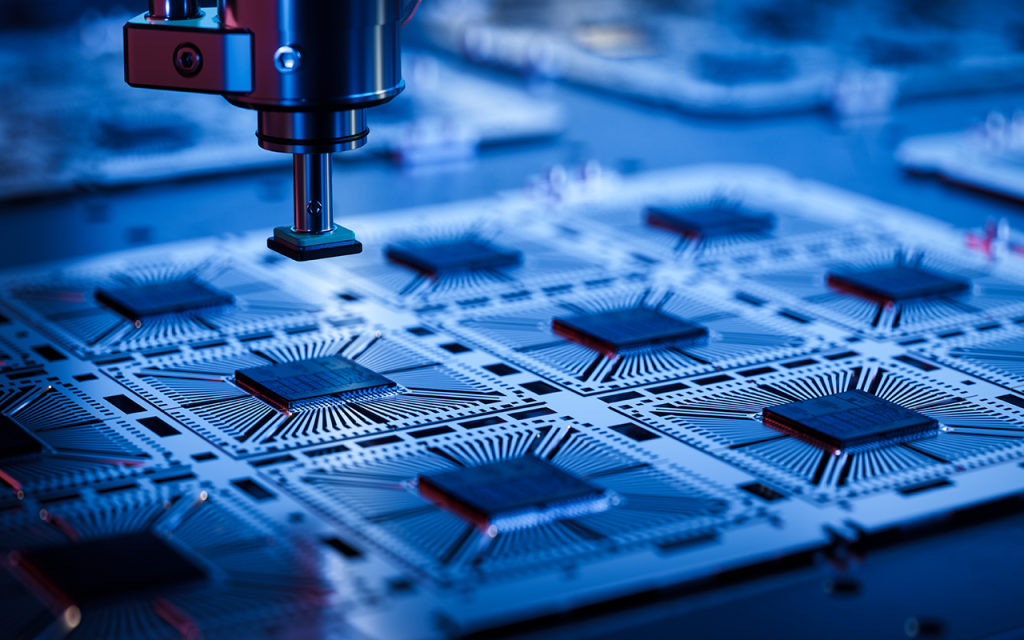 Glowing blue computer chips on a circuit board