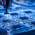 Glowing blue computer chips on a circuit board