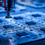 Glowing blue computer chips on a circuit board