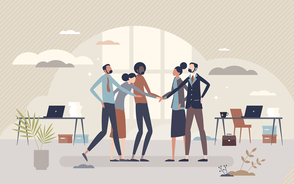 Illustration of a team of construction professionals collaborating in an office
