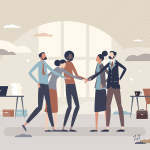 Illustration of a team of construction professionals collaborating in an office