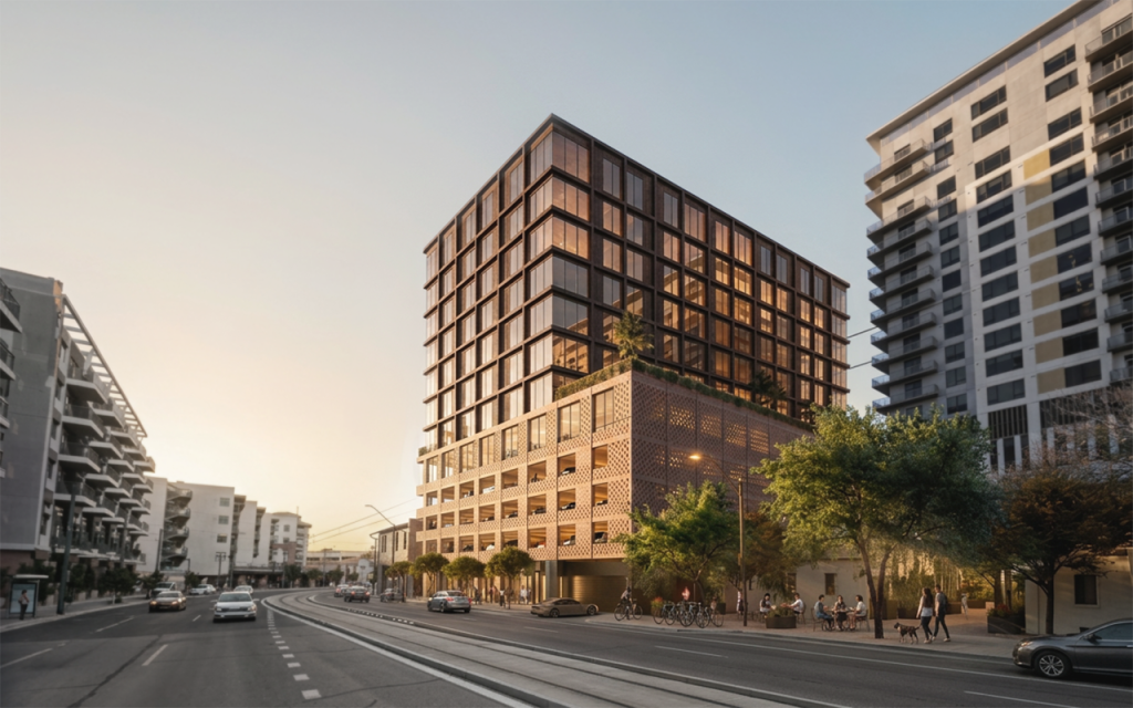 Street-level view of a modern residential building planned for Roosevelt Row