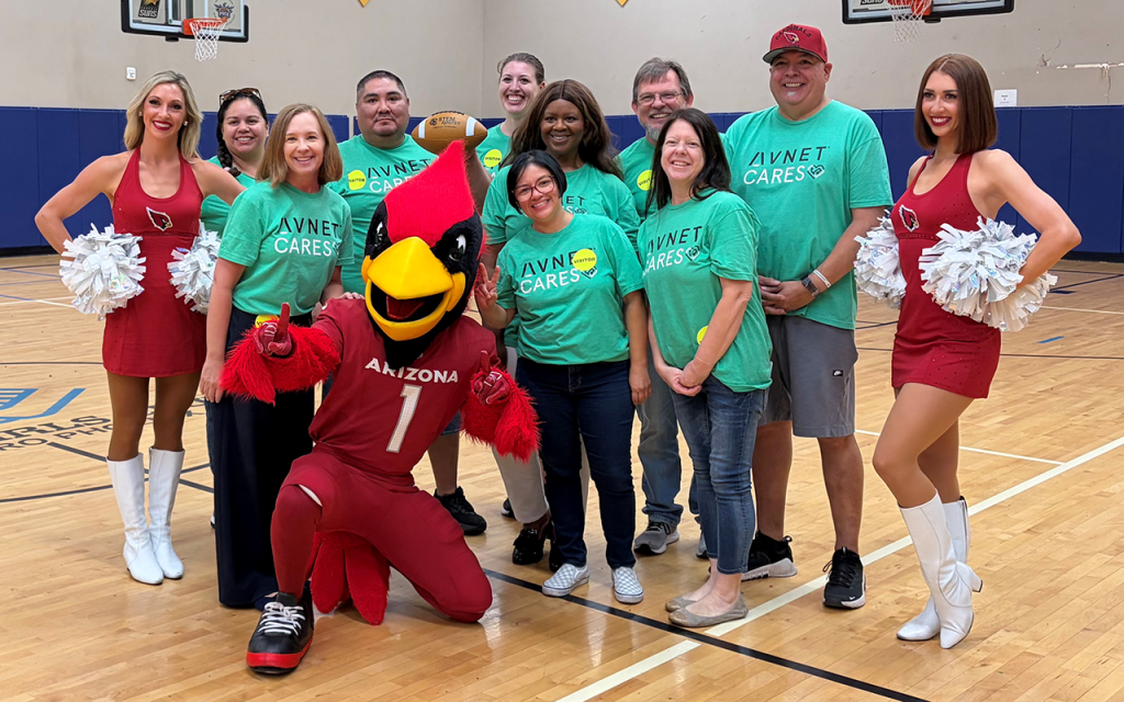 Avnet and Arizona Cardinals volunteers with mascot Big Red and cheerleaders at a Boys & Girls Clubs STEM event